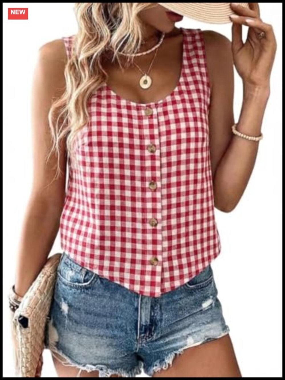 Womens Scoop Neck Button Down Sleeveless Tank Top Cotton Gingham